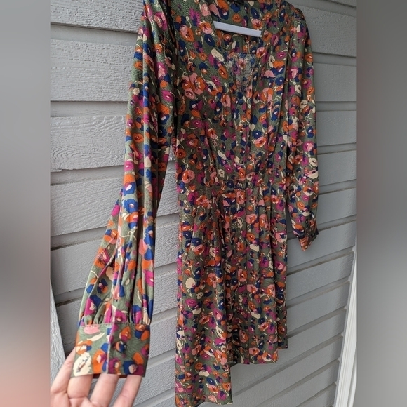 FRNCH Frida Multi Floral Pattern Satin Long Sleeve Shirt Dress Women's Size XS - Picture 5 of 6